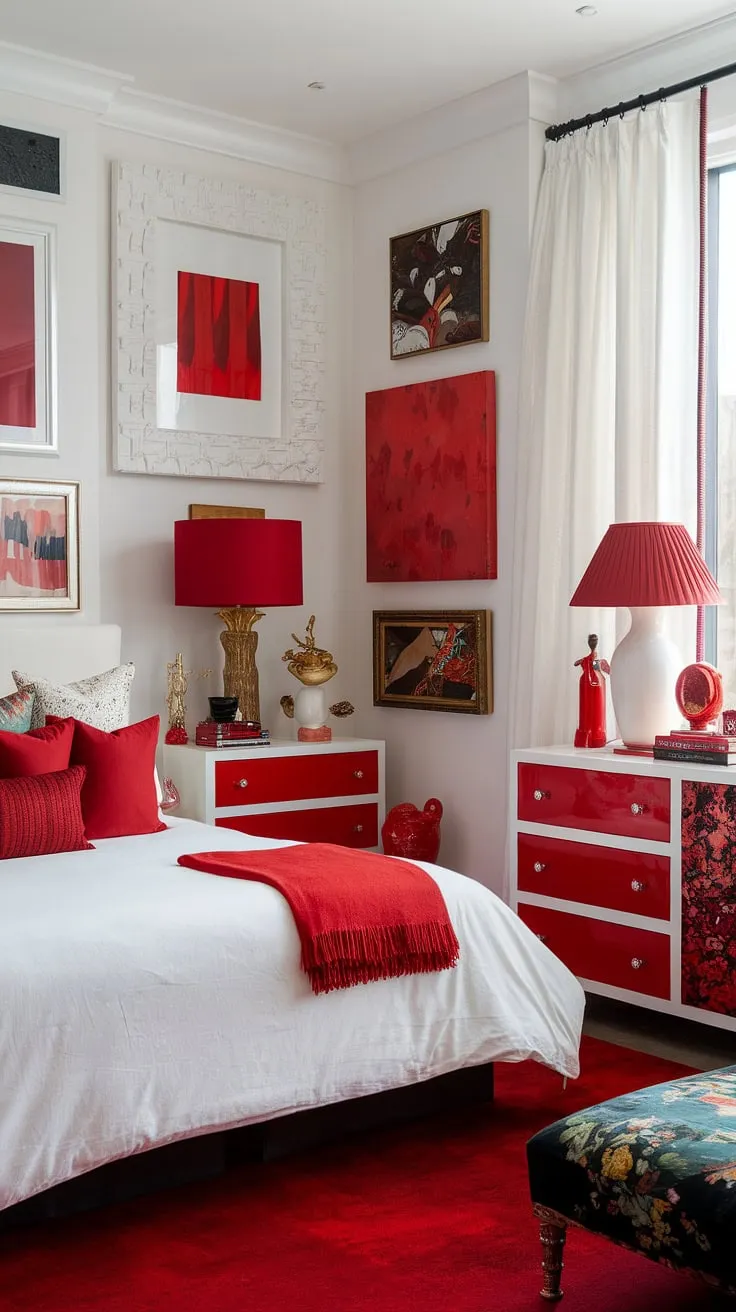 This eclectic maximalist bedroom showcases a vibrant interplay of color theory in bedroom design, proving that a white bedroom with red accents can be anything but minimalist.  The maximalist bedroom decor, featuring bold red accent decor and unique bedding arrangement ideas, creates a truly captivating apartment bedroom design and eclectic apartment aesthetic.  Maximalist bedding inspiration abounds in this space.