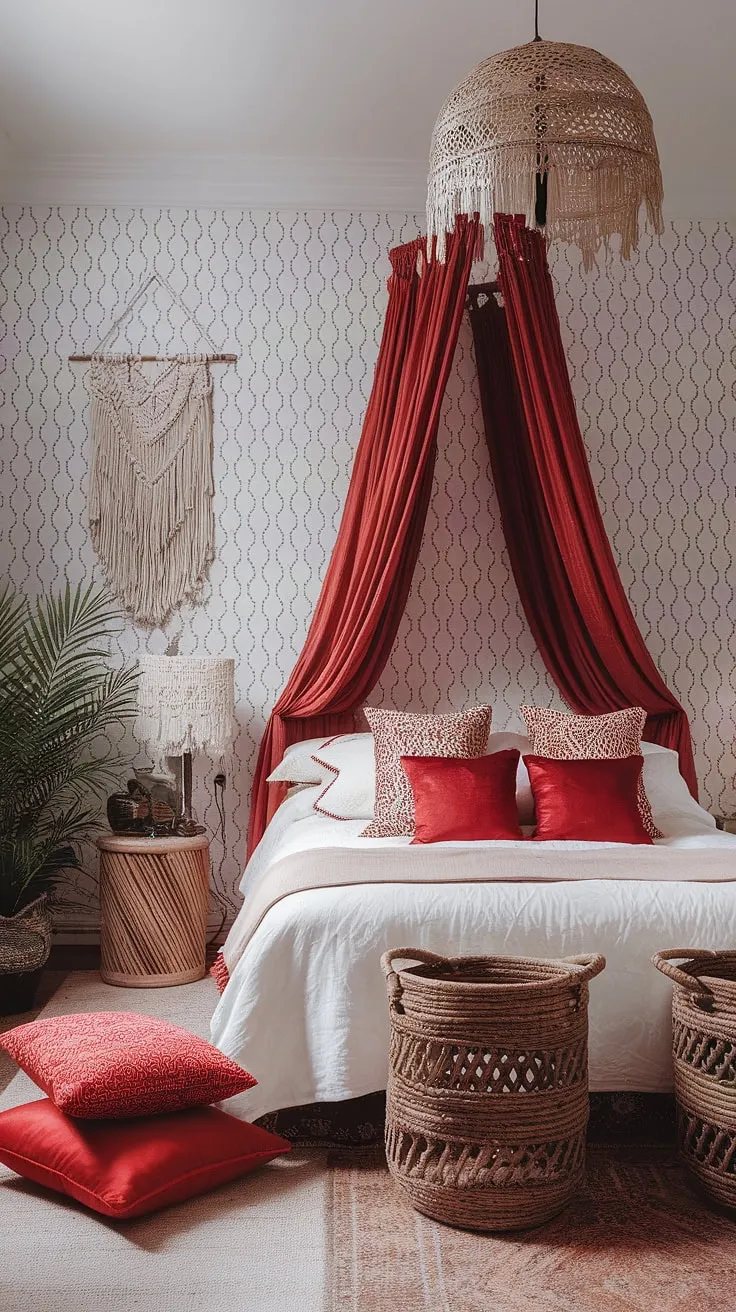 This eclectic maximalist bedroom is a vibrant explosion of personality.  The white base allows the red accent decor to truly pop, showcasing a masterful application of color theory in bedroom design.  Notice the bedding arrangement ideas—a testament to maximalist bedding inspiration—and the overall eclectic apartment aesthetic.  A true feast for the eyes, this apartment bedroom design proves that more is, indeed, more.