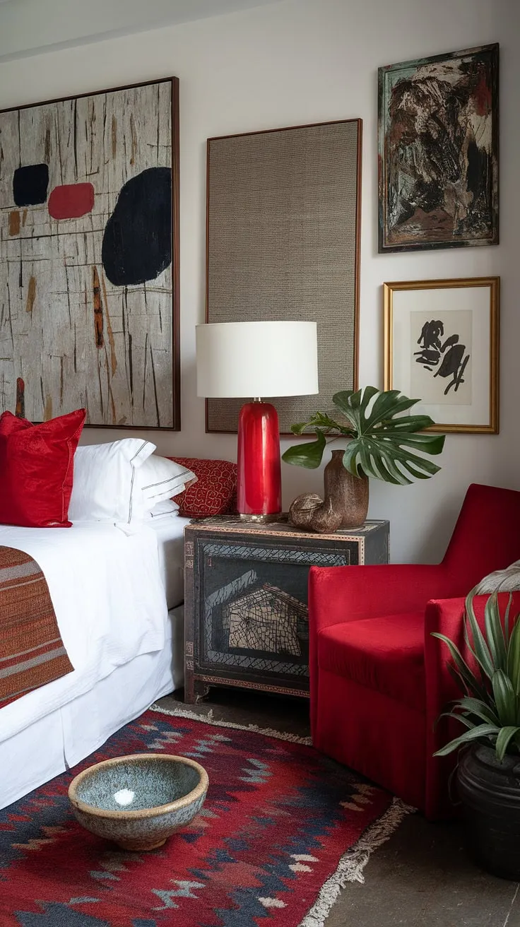 Maximalist bedding inspiration meets eclectic apartment aesthetic in this stunning apartment bedroom design.  Notice the clever use of red accent decor—a bold choice that perfectly complements the white bed and showcases the principles of color theory in bedroom design. This maximalist bedroom decor is a testament to the power of personality, offering a unique take on bedding arrangement ideas within a vibrant, eclectic maximalist bedroom.