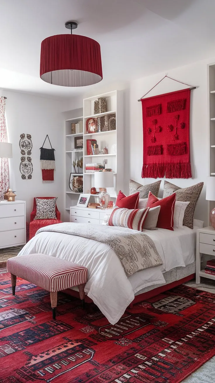 A riot of pattern and color defines this maximalist bedroom.  The white base provides a perfect canvas for the red accent decor, highlighting the eclectic apartment aesthetic and showcasing clever bedding arrangement ideas. This apartment bedroom design is a masterclass in maximalist bedding inspiration and a bold exploration of color theory in bedroom design.
