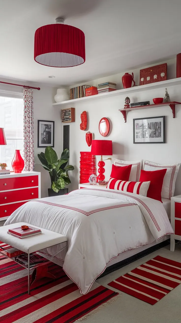 This eclectic maximalist bedroom showcases a vibrant interplay of color theory in bedroom design, proving that a white bedroom with red accents can be anything but minimalist.  The maximalist bedroom decor, complete with unique bedding arrangement ideas, creates a truly captivating apartment bedroom design and eclectic apartment aesthetic.  Maximalist bedding inspiration abounds in this space, a testament to the power of bold choices.