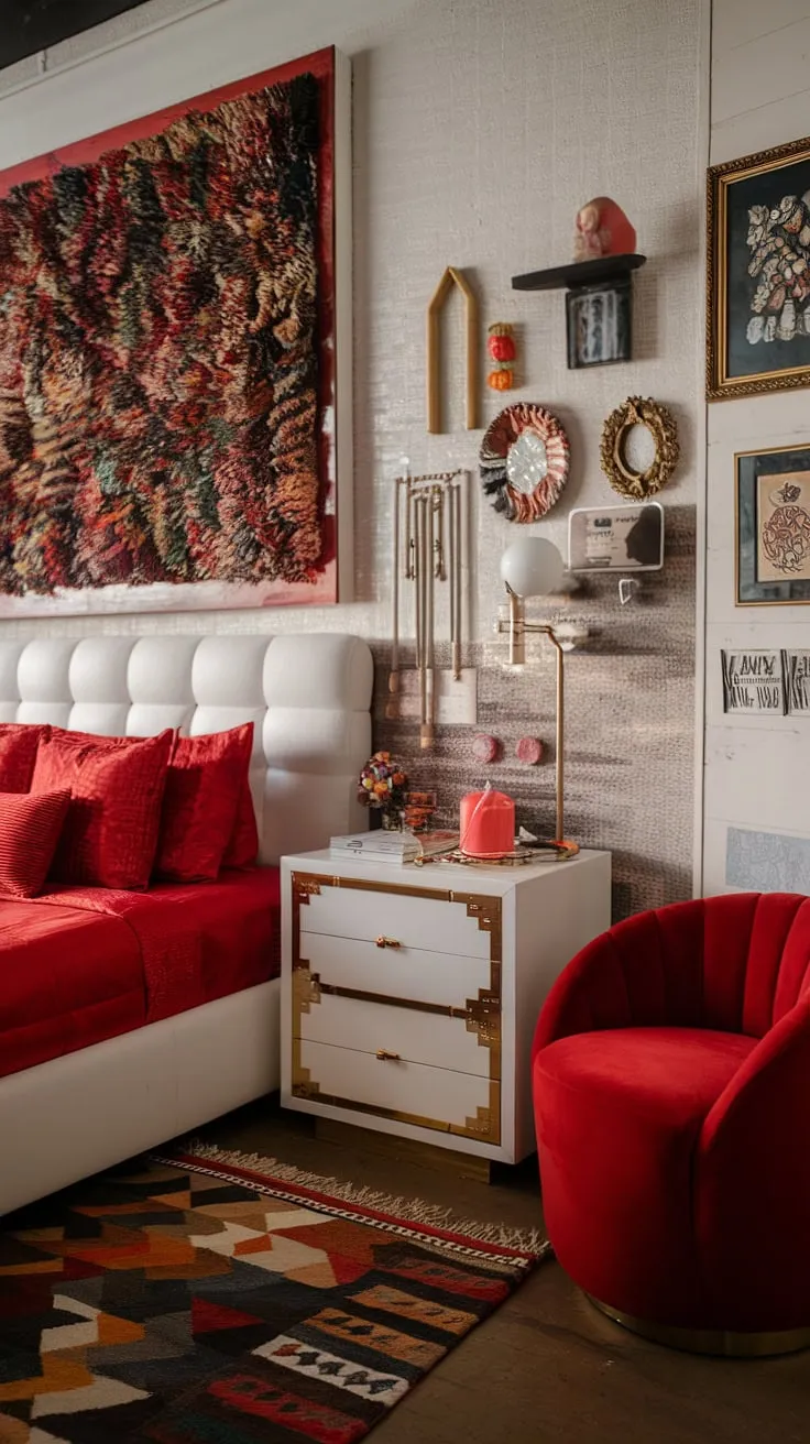 This eclectic maximalist bedroom showcases a vibrant interplay of color theory in bedroom design.  The white bedroom with red accents creates a bold statement, while the maximalist bedroom decor and bedding arrangement ideas demonstrate a playful approach to apartment bedroom design.  The eclectic apartment aesthetic is complete with maximalist bedding inspiration, resulting in a space that's both energetic and inviting.