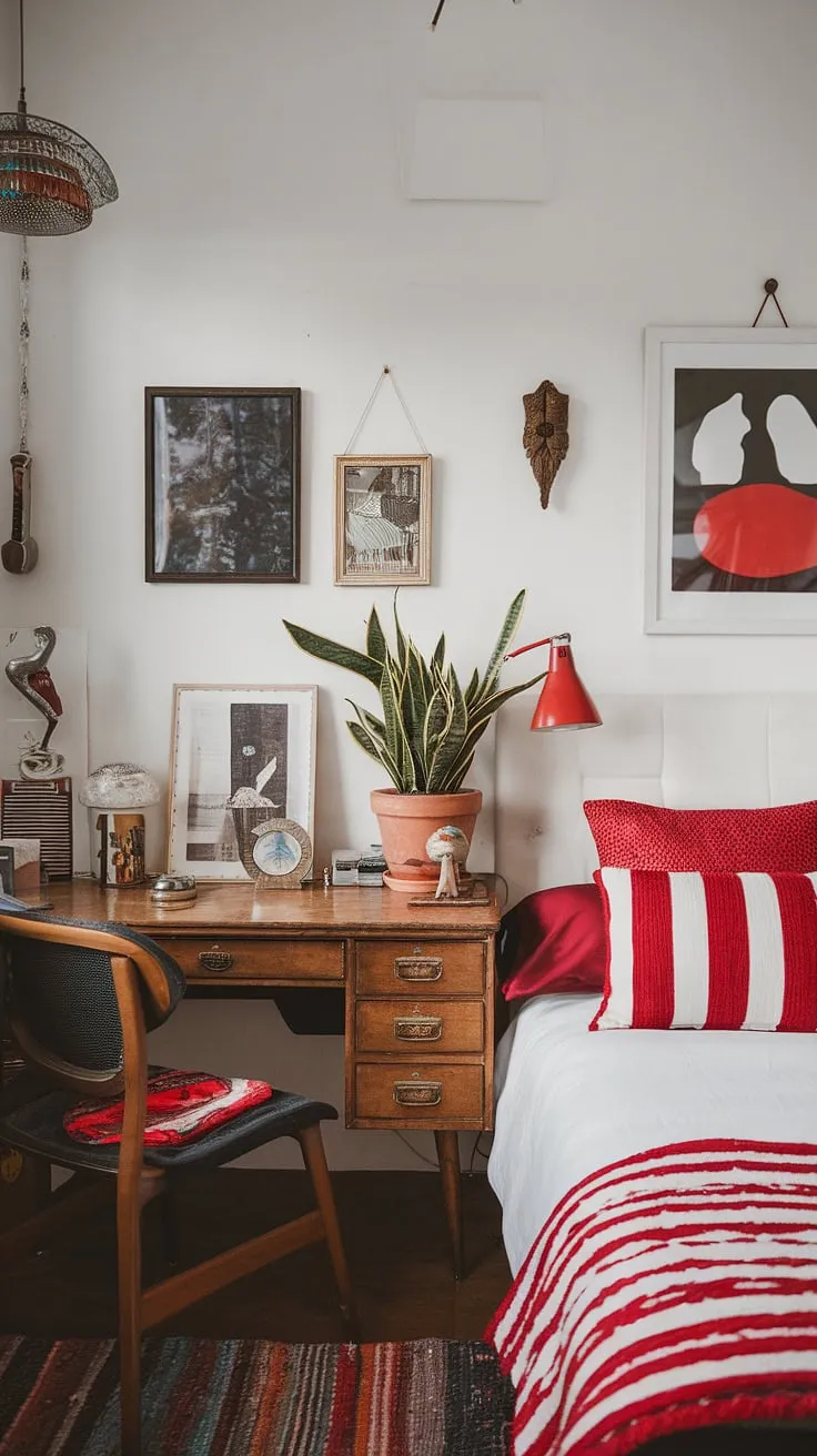 A feast for the eyes! This apartment bedroom design is a masterclass in maximalist bedroom decor.  The white backdrop beautifully highlights the red accent decor, creating a stunning example of color theory in bedroom design.  Explore unique bedding arrangement ideas and find maximalist bedding inspiration within this eclectic maximalist bedroom's eclectic apartment aesthetic.