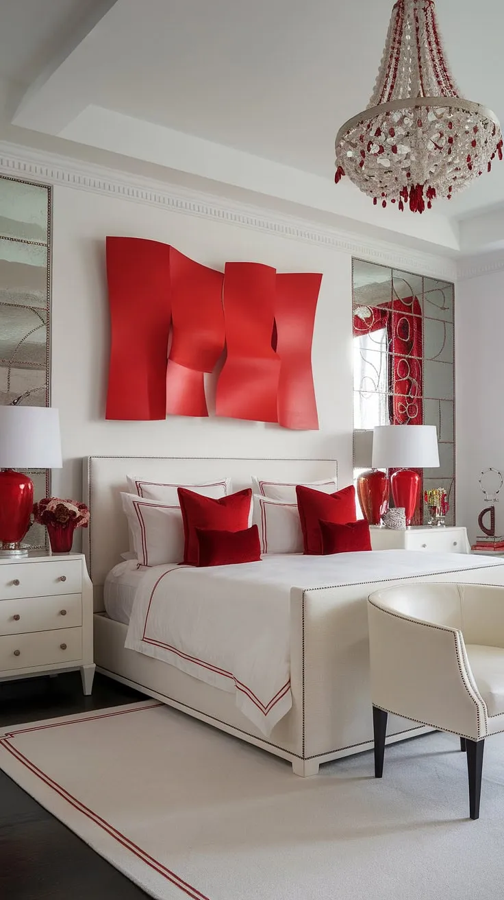 This eclectic maximalist bedroom is a vibrant explosion of personality.  The white base allows the red accent decor to truly pop, showcasing a masterful application of color theory in bedroom design.  Notice the bedding arrangement ideas – a testament to maximalist bedding inspiration.  This apartment bedroom design proves that more is more, creating a truly unique and unforgettable eclectic apartment aesthetic.