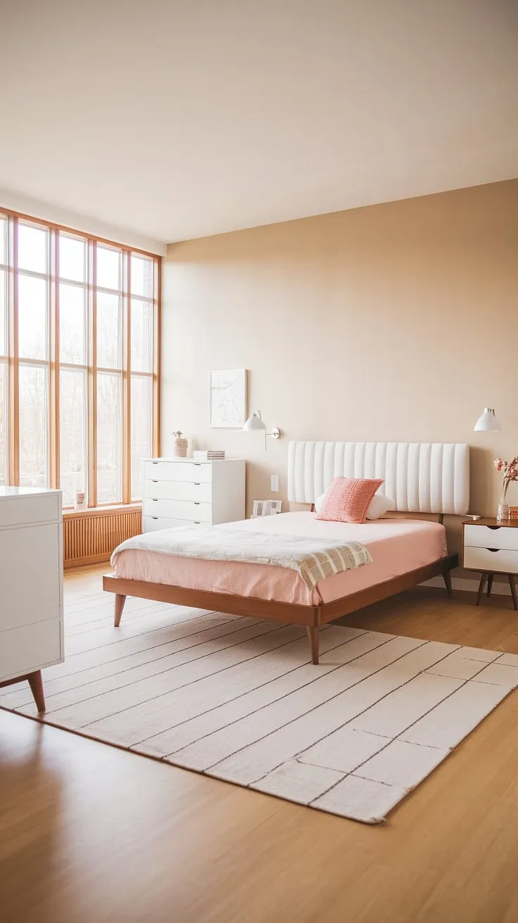 A dreamy mid-century modern cottagecore aesthetic defines this mid-century modern guest room.  The pale pink palette and clean lines create a calming mid-century modern master bedroom, equally suited for a main bedroom or a stylish space for visitors, showcasing the best of mid-century modern Scandinavian bedroom design.