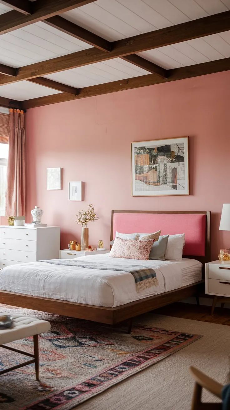 Bathed in soft light, this mid-century modern pink bedroom effortlessly blends cottagecore charm with Scandinavian minimalism.  A perfect guest room, or a tranquil mid-century modern master bedroom retreat, its design speaks to timeless elegance.