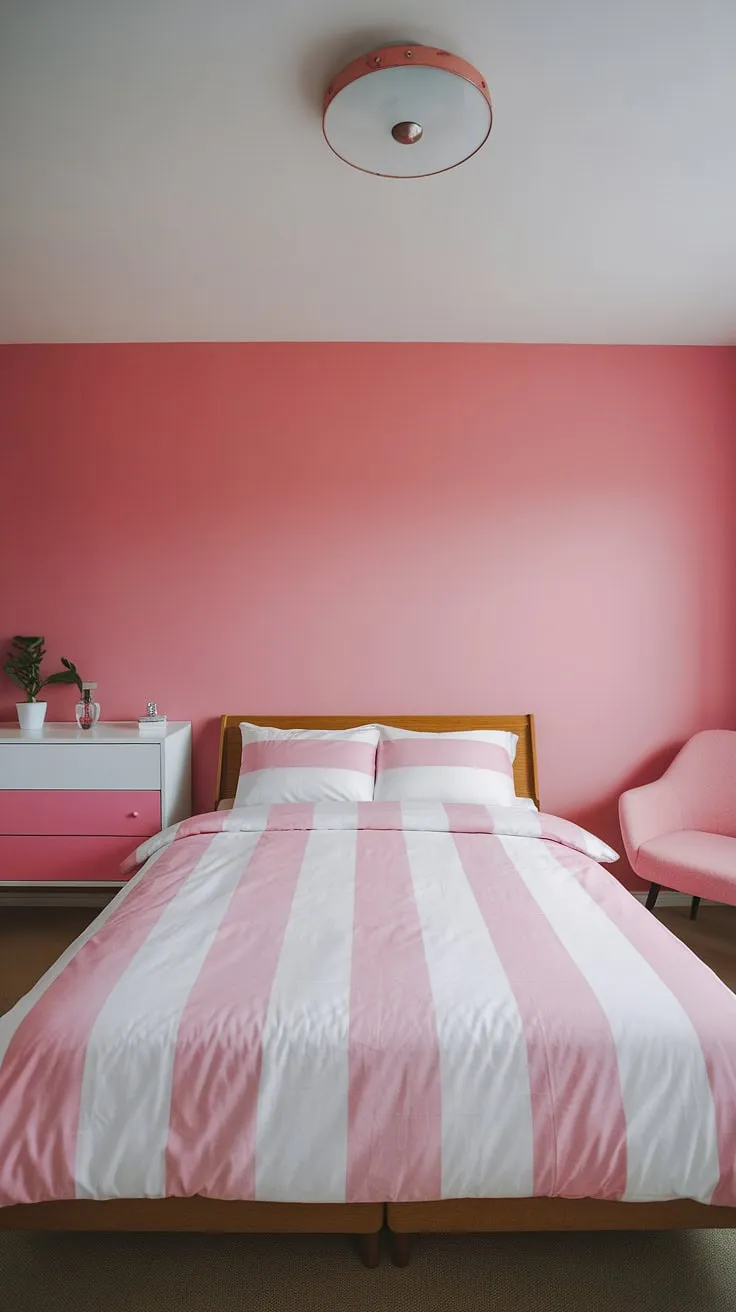 A dreamy mid-century modern main bedroom, this space seamlessly unites the warmth of mid-century modern cottagecore with the clean lines of Scandinavian design.  Ideal as a guest room or a personal sanctuary, it's the epitome of mid-century modern style.