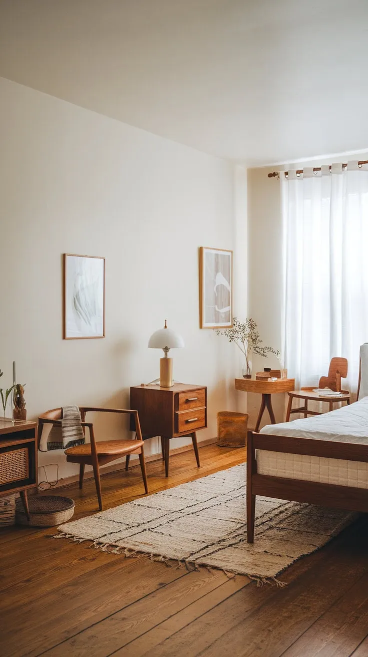 This mid-century modern cottagecore bedroom is a dream.  The delicate pink hues and clean lines create a space that's both inviting and sophisticated, perfect as a mid-century modern guest room or a calming mid-century modern master bedroom.  A touch of Scandinavian influence elevates this mid-century modern main bedroom to the next level.