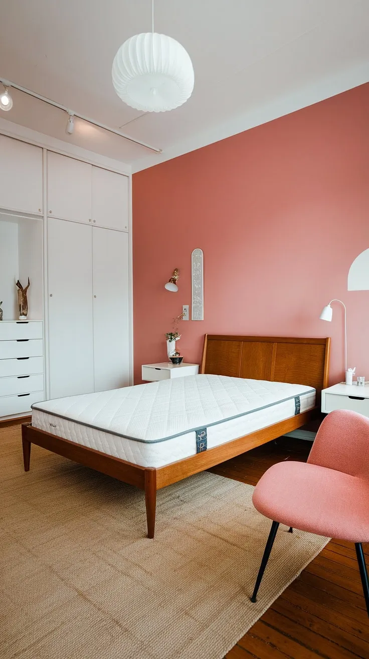 This mid-century modern main bedroom, a delightful mix of mid-century modern cottagecore and Scandinavian influences, offers a serene escape.  Imagine waking up in this peaceful mid-century modern guest room, or relaxing in your own stylish mid-century modern master bedroom.