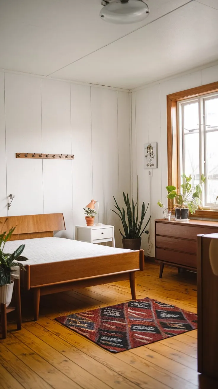 Sunlight streams into this serene mid-century Scandinavian bedroom, a perfect blend of minimalist design and cozy comfort. The mid-century modern master bedroom features a simple wooden bed, a white nightstand, and a dresser, all complemented by the warm glow of natural light and a touch of cottagecore charm.  This mid-century guest room offers a peaceful retreat, showcasing the best of mid-century modern design.