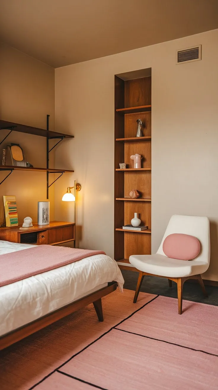 This mid-century modern bedroom is a dream.  The pale beige walls and carefully curated details, including the mid-century modern pink bedroom's accents, create a space that's both sophisticated and cozy.  Imagine relaxing in this mid-century Scandinavian bedroom, or welcoming guests to this charming mid-century guest room.  It's the perfect blend of mid-century modern cottagecore and timeless style.