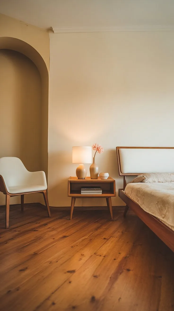 A dreamy mid-century modern main bedroom, this space seamlessly unites the warmth of cottagecore with the clean lines of Scandinavian design.  Perfect as a guest room or a luxurious mid-century modern master bedroom, its pink hues create a calming and sophisticated atmosphere.