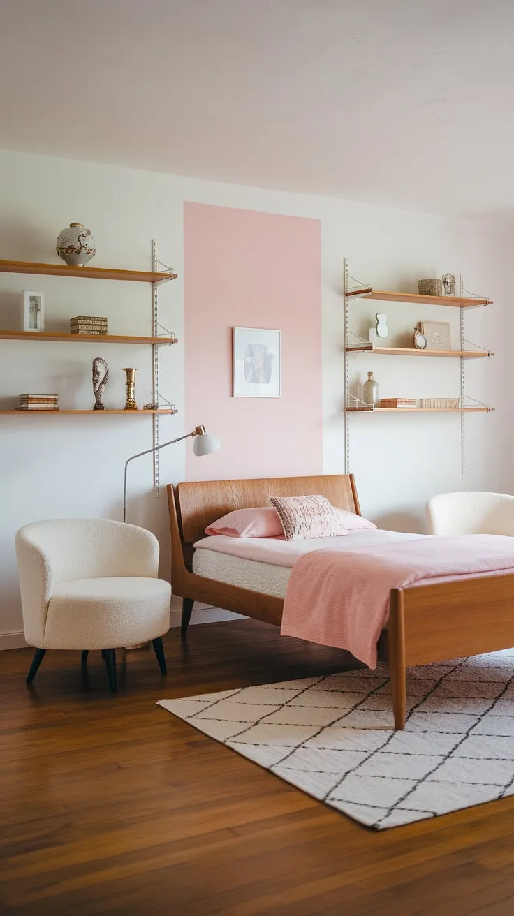Bathed in soft light, this mid-century modern pink bedroom effortlessly blends cottagecore charm with Scandinavian simplicity.  The perfect guest room, or a tranquil mid-century modern master bedroom retreat, this space offers a serene escape.  Its mid-century modern main bedroom design is both stylish and inviting.