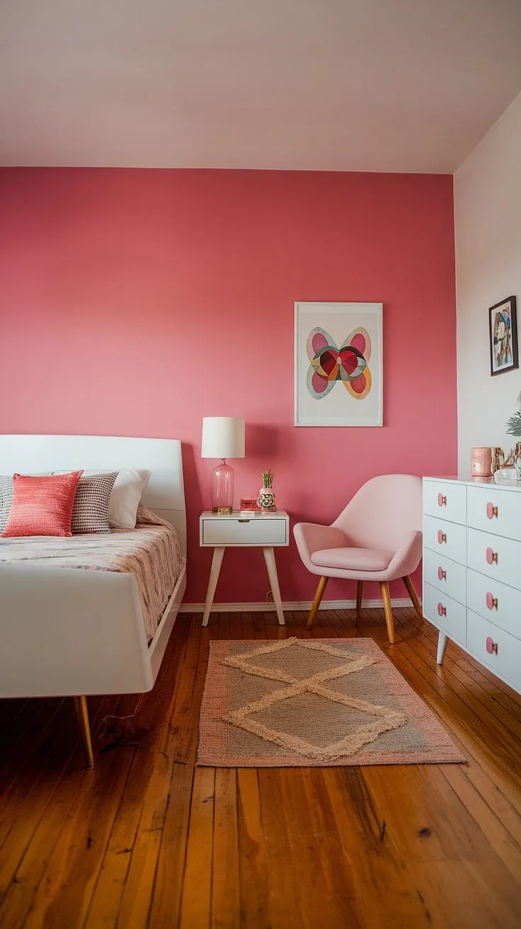 This mid-century modern main bedroom is a dream.  The pink accent wall adds a touch of playful femininity to the otherwise minimalist design, creating a space that's both chic and comfortable.  Ideal as a mid-century modern master bedroom or a charming mid-century guest room, this space effortlessly blends mid-century modern and Scandinavian influences for a truly unique aesthetic.