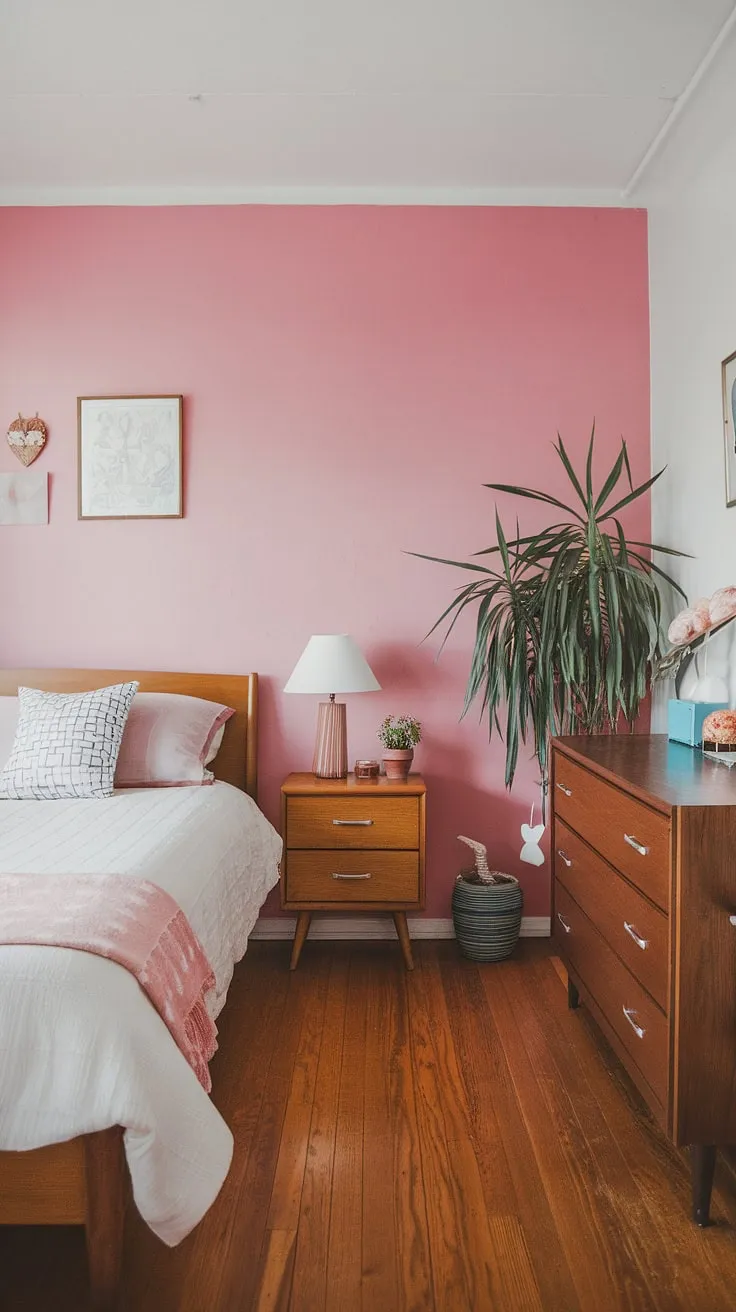 Bathed in soft light, this mid-century modern pink bedroom effortlessly blends cottagecore charm with Scandinavian minimalism.  A perfect guest room, or a tranquil mid-century modern master bedroom retreat, its design speaks to timeless elegance.