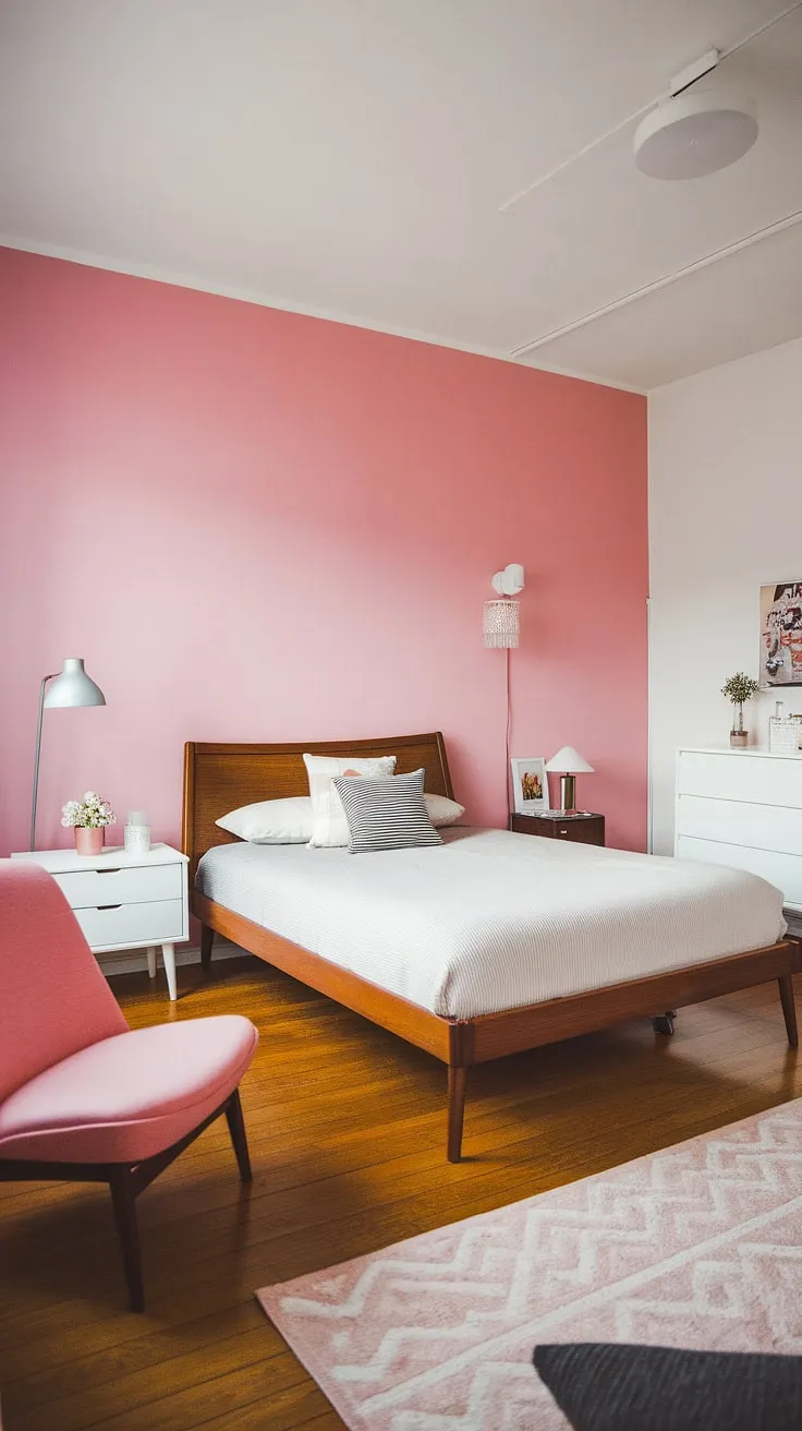 Bathed in soft light, this mid-century modern pink bedroom blends cottagecore charm with Scandinavian simplicity.  The perfect guest room, or a tranquil mid-century modern master bedroom retreat, this space effortlessly combines vintage elegance with modern comfort.