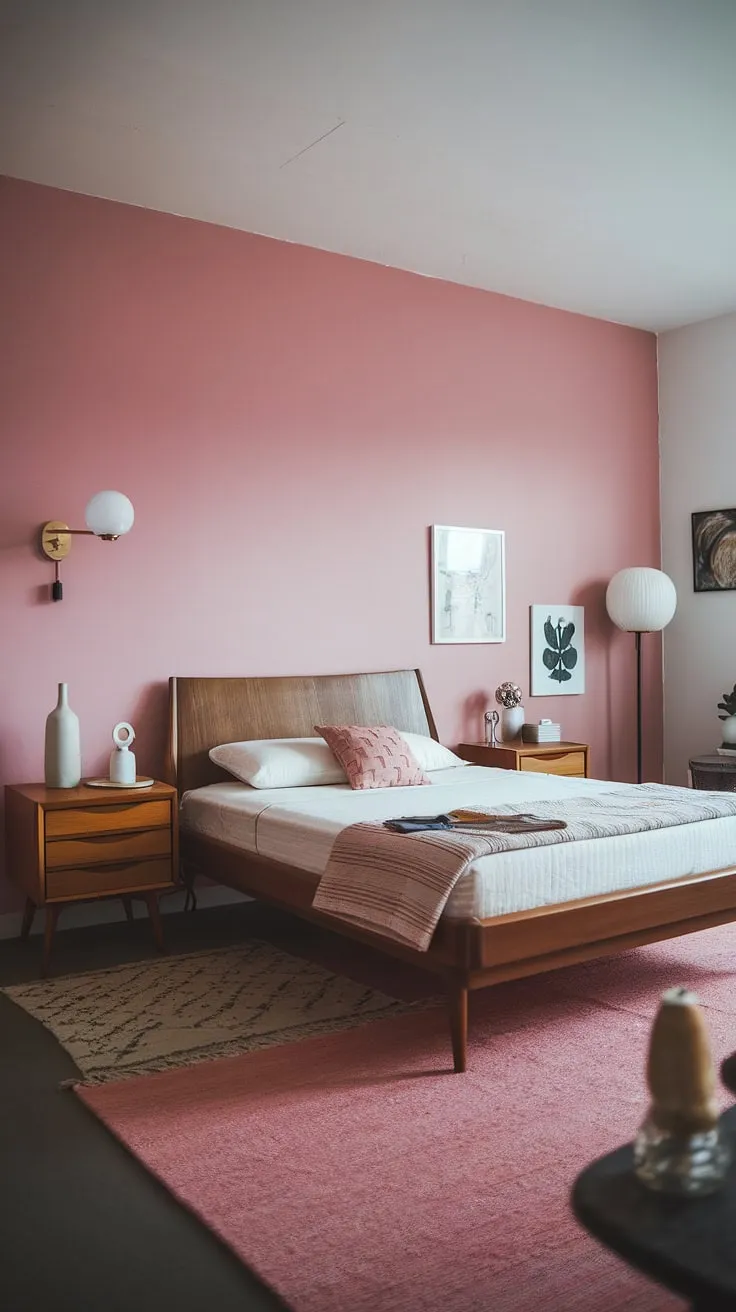 Step into serenity in this mid-century modern main bedroom, where Scandi minimalism meets a touch of cottagecore charm. The blush pink accent wall adds a playful pop against the clean lines and muted palette, creating a mid-century modern pink bedroom that's both sophisticated and inviting.  This mid-century modern master bedroom, or perhaps a perfectly styled mid-century guest room, offers a tranquil escape.