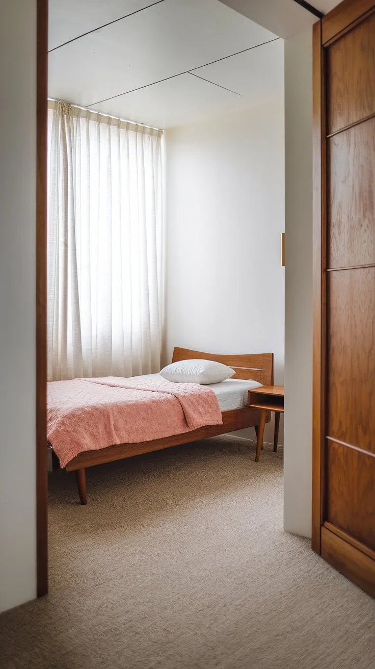 Bathed in soft light, this mid-century modern pink bedroom effortlessly blends cottagecore charm with Scandinavian minimalism.  Perfect as a main bedroom, guest room, or even a master suite, its design offers a tranquil escape in a mid-century modern aesthetic.