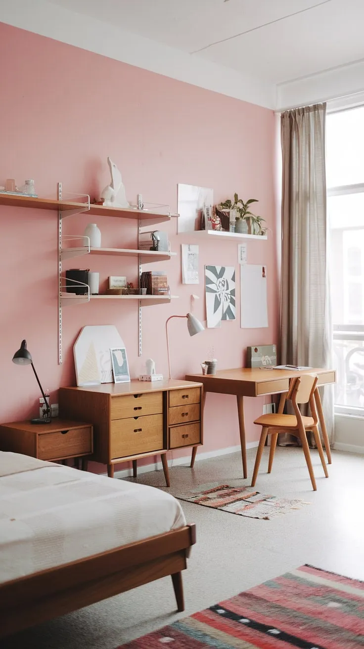This mid-century modern main bedroom, a delightful blend of mid-century modern and Scandinavian styles, offers a peaceful escape.  The soft pink palette and thoughtful details create a mid-century modern cottagecore haven, ideal as a guest room or a luxurious master suite.