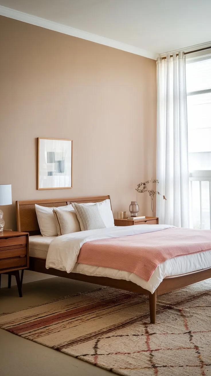 Bathed in soft light, this mid-century modern pink bedroom effortlessly blends cottagecore charm with Scandinavian minimalism.  A perfect guest room, or a serene mid-century modern master bedroom retreat, it's the epitome of mid-century modern main bedroom style.