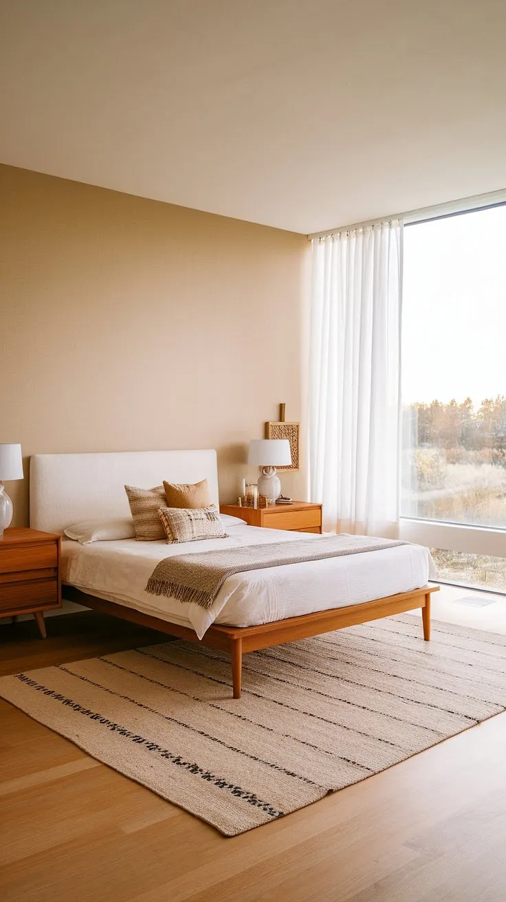 Bathed in soft light, this mid-century modern pink bedroom effortlessly blends cottagecore charm with Scandinavian minimalism.  A perfect guest room, or a tranquil mid-century modern master bedroom retreat, its design offers a serene escape.  The mid-century modern main bedroom aesthetic is complete with thoughtful details.