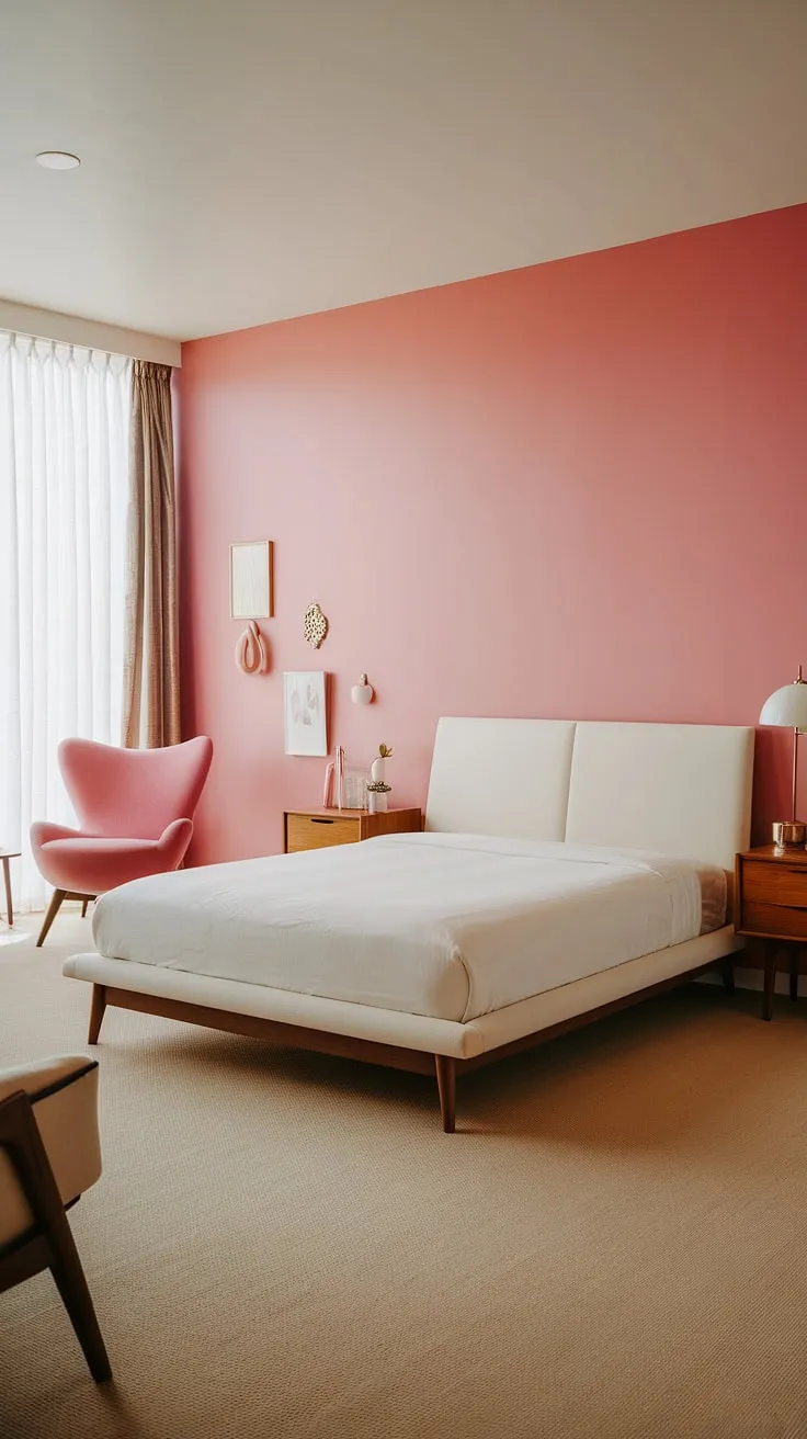 This mid-century modern cottagecore bedroom offers a serene escape.  The pink accents and clean lines create a space that's both inviting and sophisticated, ideal as a mid-century modern guest room or a stylish mid-century modern main bedroom, showcasing the best of mid-century Scandinavian bedroom aesthetics.