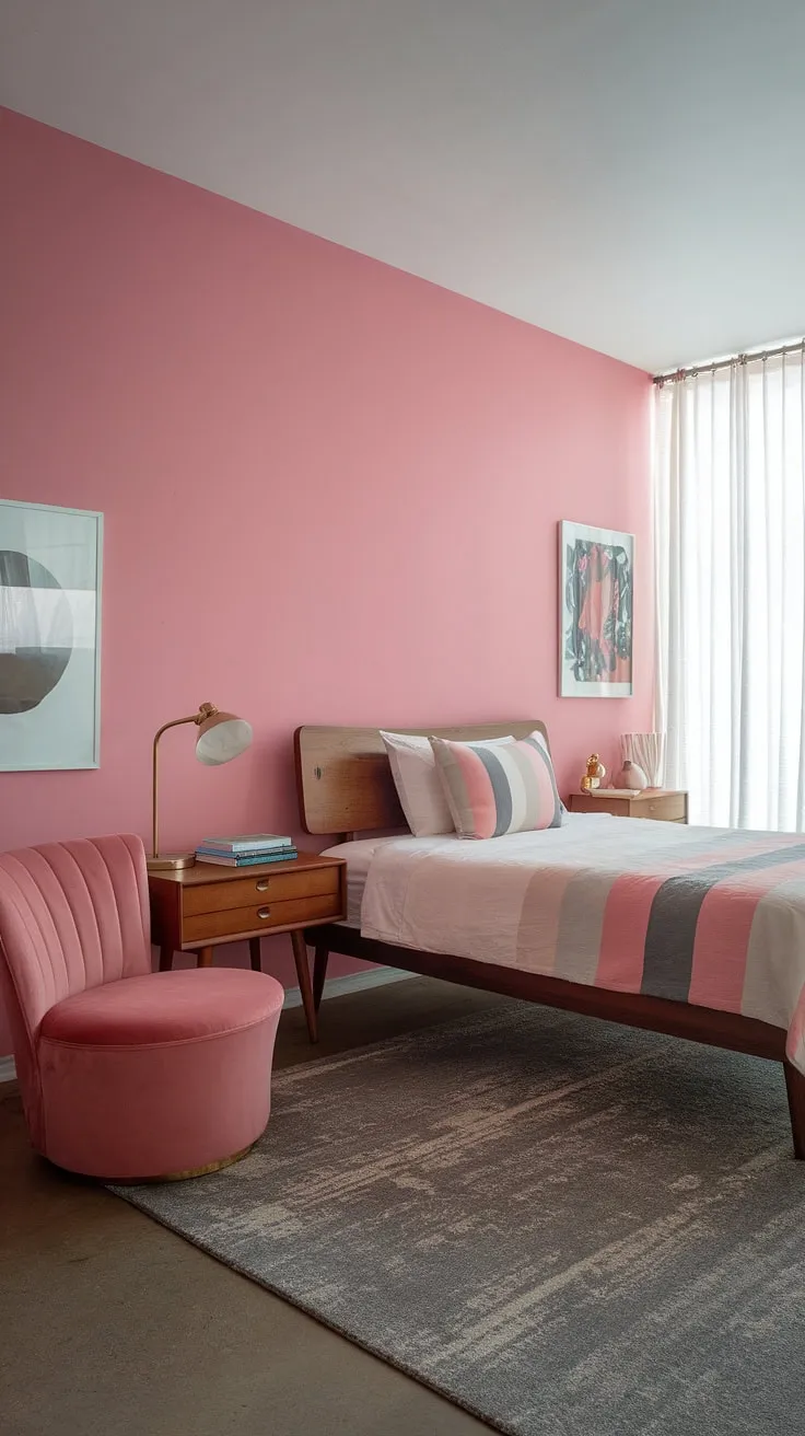 Bathed in soft light, this mid-century modern pink bedroom effortlessly blends cottagecore charm with Scandinavian minimalism.  A perfect guest room, or a tranquil mid-century modern master bedroom retreat, its design speaks to timeless elegance.