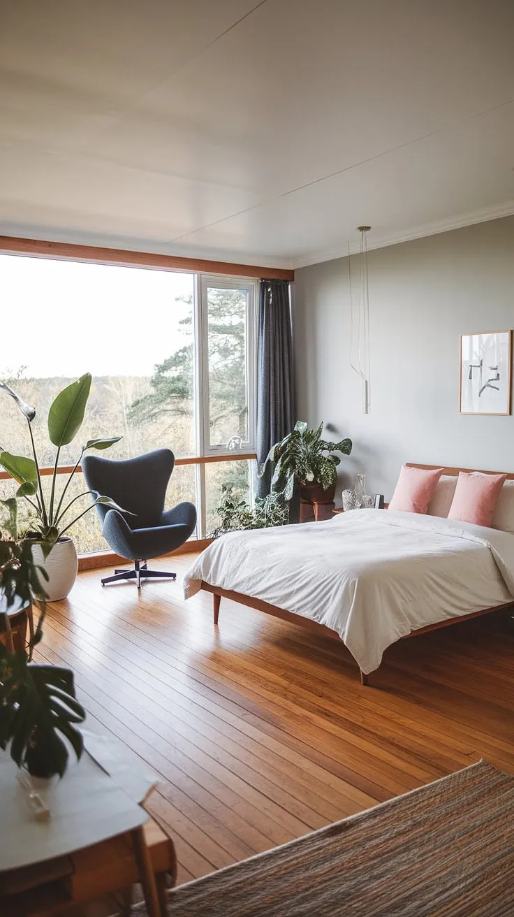 Bathed in soft light, this mid-century modern master bedroom effortlessly blends cottagecore charm with Scandinavian simplicity.  The pale pink walls and carefully curated details create a tranquil retreat, perfect as a main bedroom or a stylish mid-century modern guest room.  A space where mid-century design meets peaceful serenity.