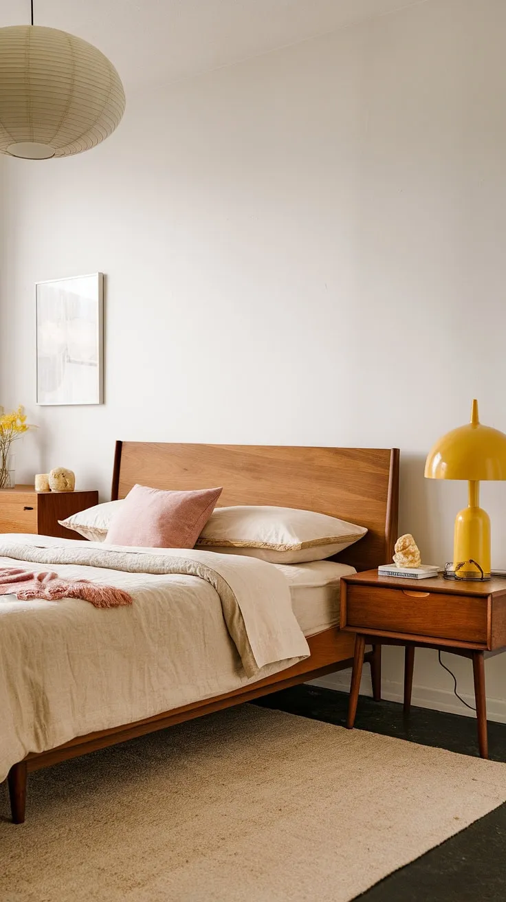 A mid-century modern main bedroom that dreams are made of. This space seamlessly marries the clean lines of Scandinavian design with the playful femininity of a mid-century modern pink bedroom, creating a mid-century modern cottagecore haven perfect for guests or a relaxing master suite.