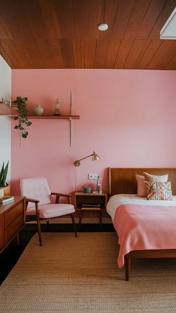 This mid-century modern main bedroom is a dreamy escape.  Blending the clean lines of Scandinavian design with the playful hues of a mid-century modern cottagecore aesthetic, this space is equally suited as a guest room or a luxurious mid-century modern master bedroom.