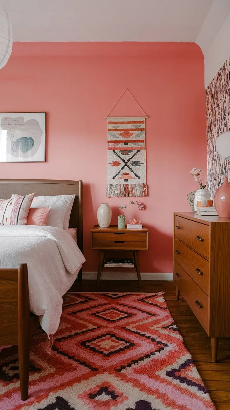 This mid-century modern main bedroom is a dreamy escape.  The delicate pink palette and thoughtful details create a serene mid-century modern cottagecore atmosphere, while the clean lines hint at Scandinavian influence.  Ideal as a guest room or a personal sanctuary, this space embodies the best of mid-century modern design.