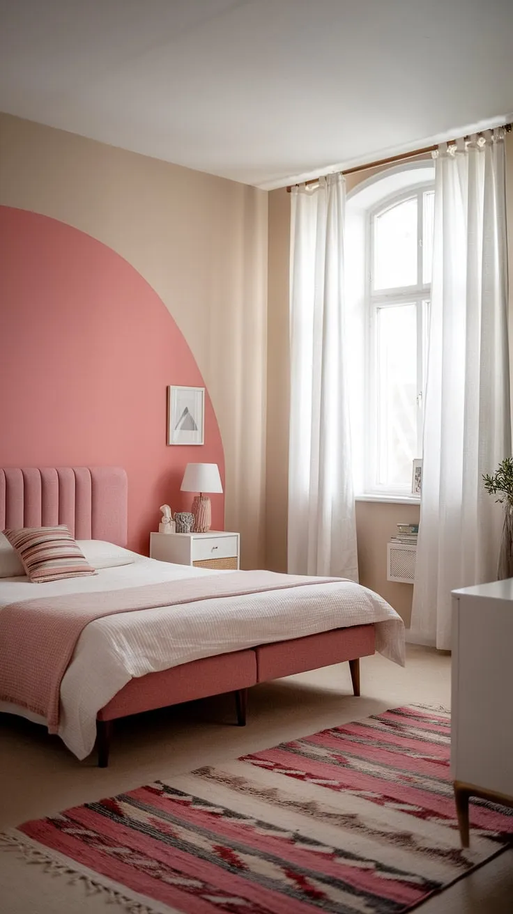 This mid-century modern main bedroom seamlessly blends Scandinavian design with mid-century modern style. The pale pink accent wall and white furnishings create a light and airy atmosphere, perfect for a relaxing night's sleep.  Imagine waking up in this mid-century Scandinavian bedroom, or welcoming guests to this charming mid-century modern guest room.