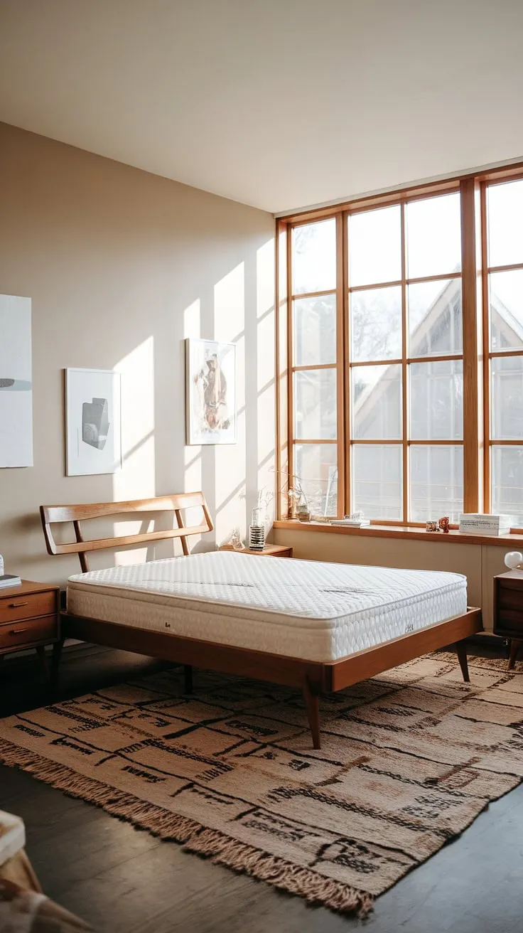This mid-century modern cottagecore guest room, with its delicate pink hues and clean lines, embodies the best of mid-century Scandinavian bedroom design.  Imagine waking up in this peaceful mid-century modern main bedroom, or welcoming guests to this stylish mid-century modern master bedroom.