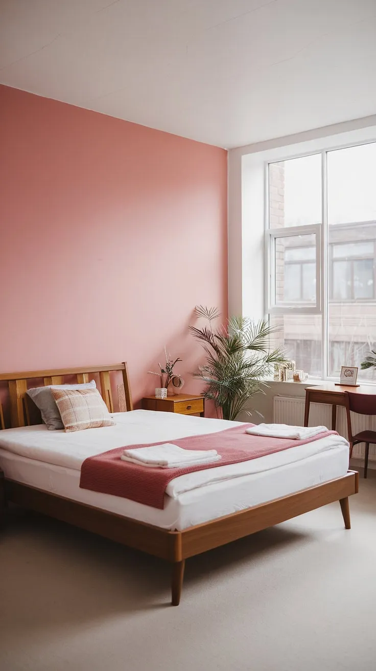 This mid-century modern cottagecore bedroom effortlessly blends Scandinavian minimalism with a pop of pink.  The mid-century modern scandinavian bedroom design is both sophisticated and inviting, ideal as a mid-century modern bedroom, main bedroom, or even a charming mid-century guest room.