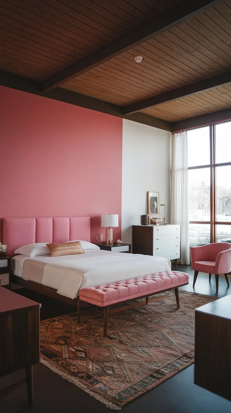 This mid-century modern cottagecore bedroom is a dream.  The delicate pink palette and clean lines create a space that's both inviting and sophisticated, ideal as a mid-century modern guest room or a calming mid-century modern master bedroom, showcasing the best of mid-century Scandinavian bedroom design.
