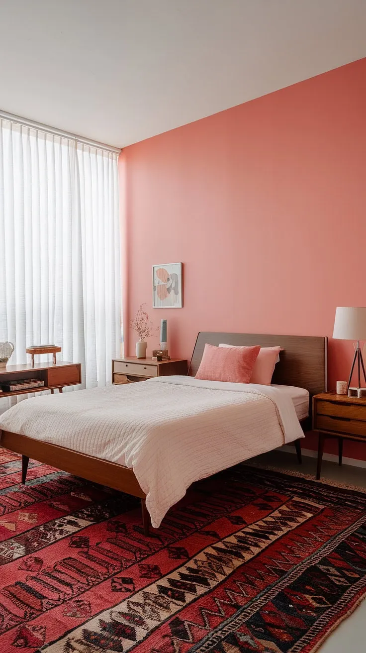 Bathed in soft light, this mid-century modern pink bedroom effortlessly blends cottagecore charm with Scandinavian minimalism.  A perfect guest room, or a tranquil mid-century modern master bedroom retreat, its design offers a serene escape in any mid-century modern home.