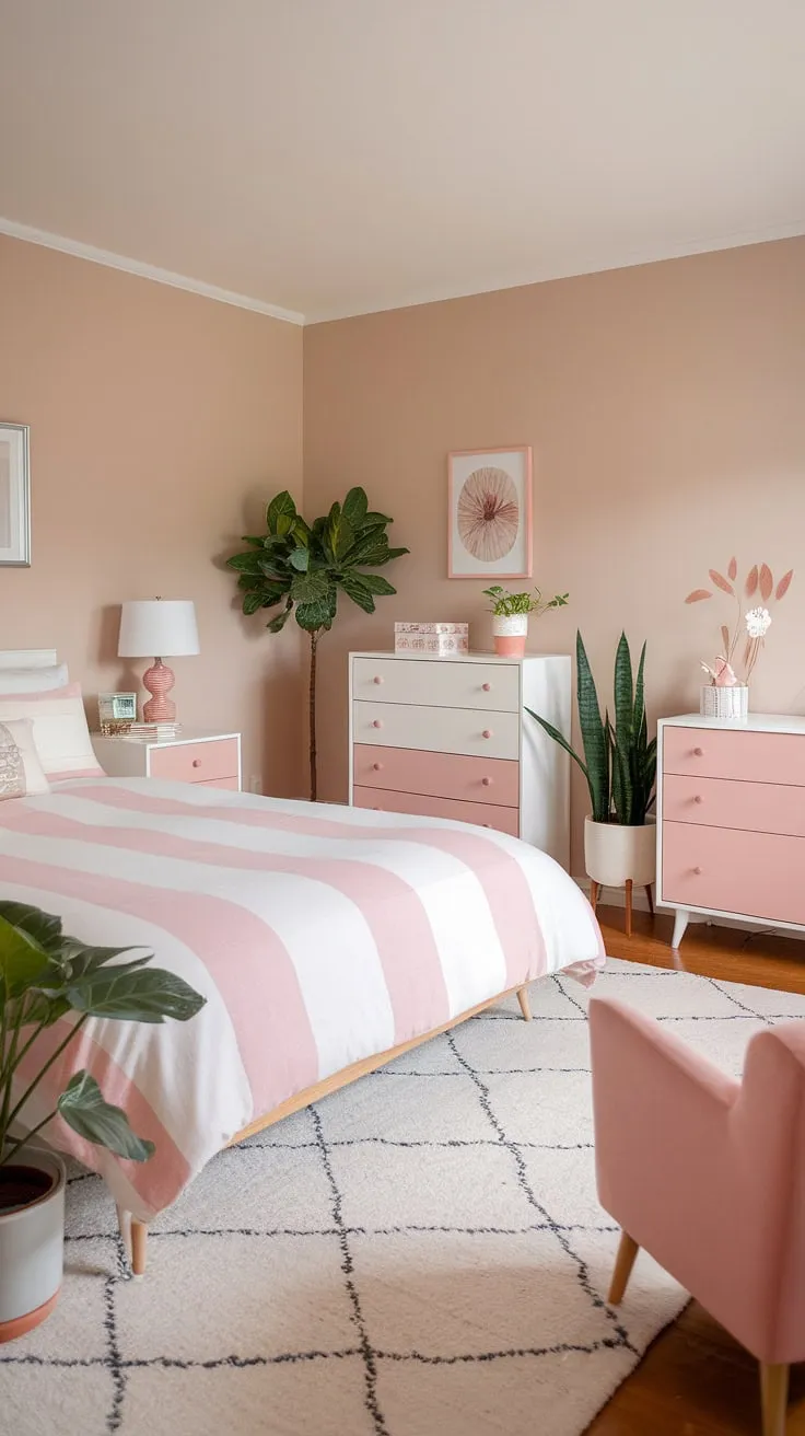 Bathed in soft light, this mid-century modern pink bedroom effortlessly blends cottagecore charm with Scandinavian minimalism.  A perfect guest room, or a tranquil mid-century modern master bedroom retreat, its design speaks to timeless elegance.