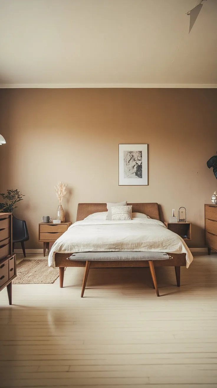 Bathed in soft light, this mid-century modern pink bedroom effortlessly blends cottagecore charm with Scandinavian simplicity.  Perfect as a main bedroom, guest room, or even a master suite, its design offers a tranquil retreat, embodying the best of mid-century modern style.