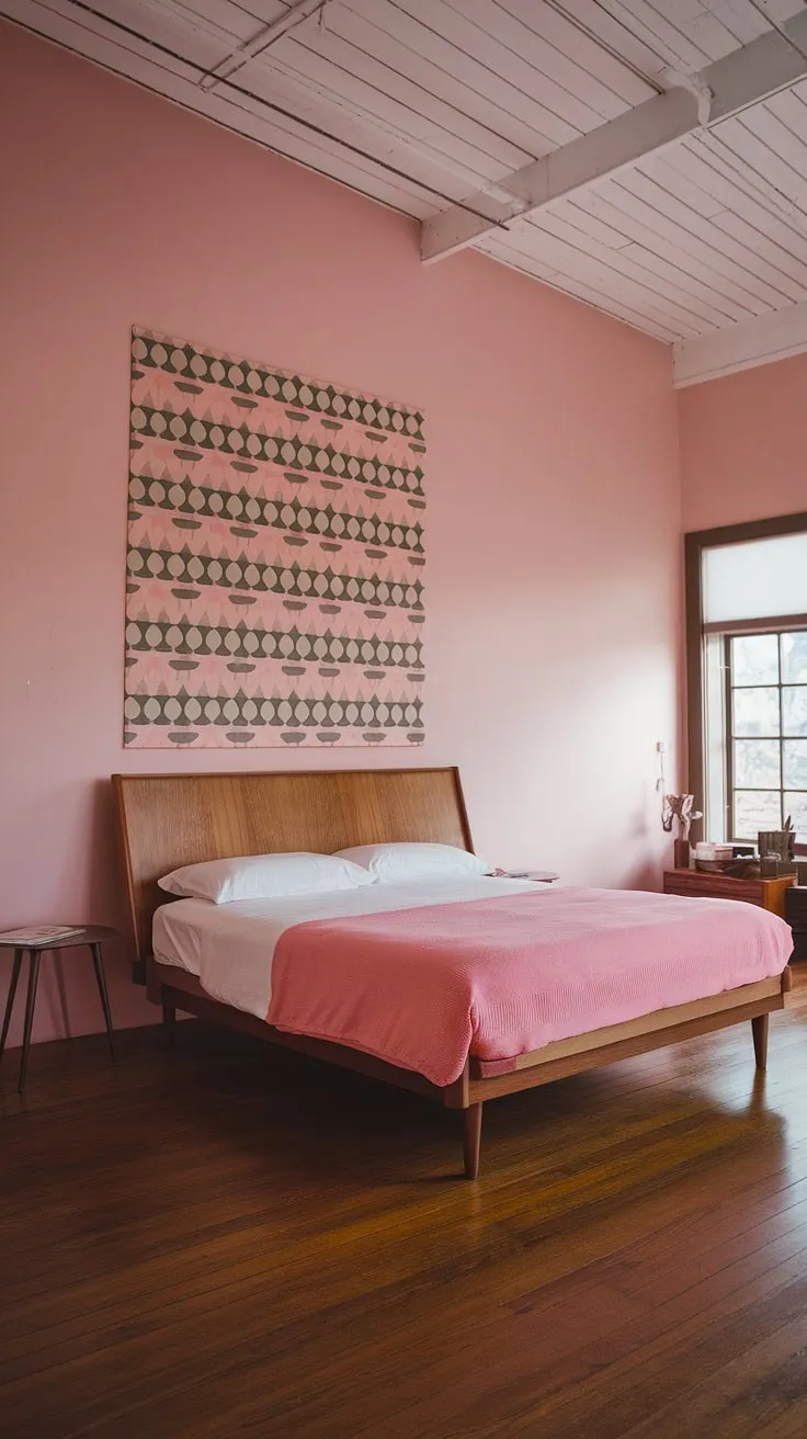Bathed in soft light, this mid-century modern master bedroom effortlessly blends cottagecore charm with Scandinavian simplicity.  The pale pink walls and carefully curated details create a serene and inviting space, perfect as a main bedroom or a stylish guest room.  A true testament to the enduring appeal of mid-century modern design.