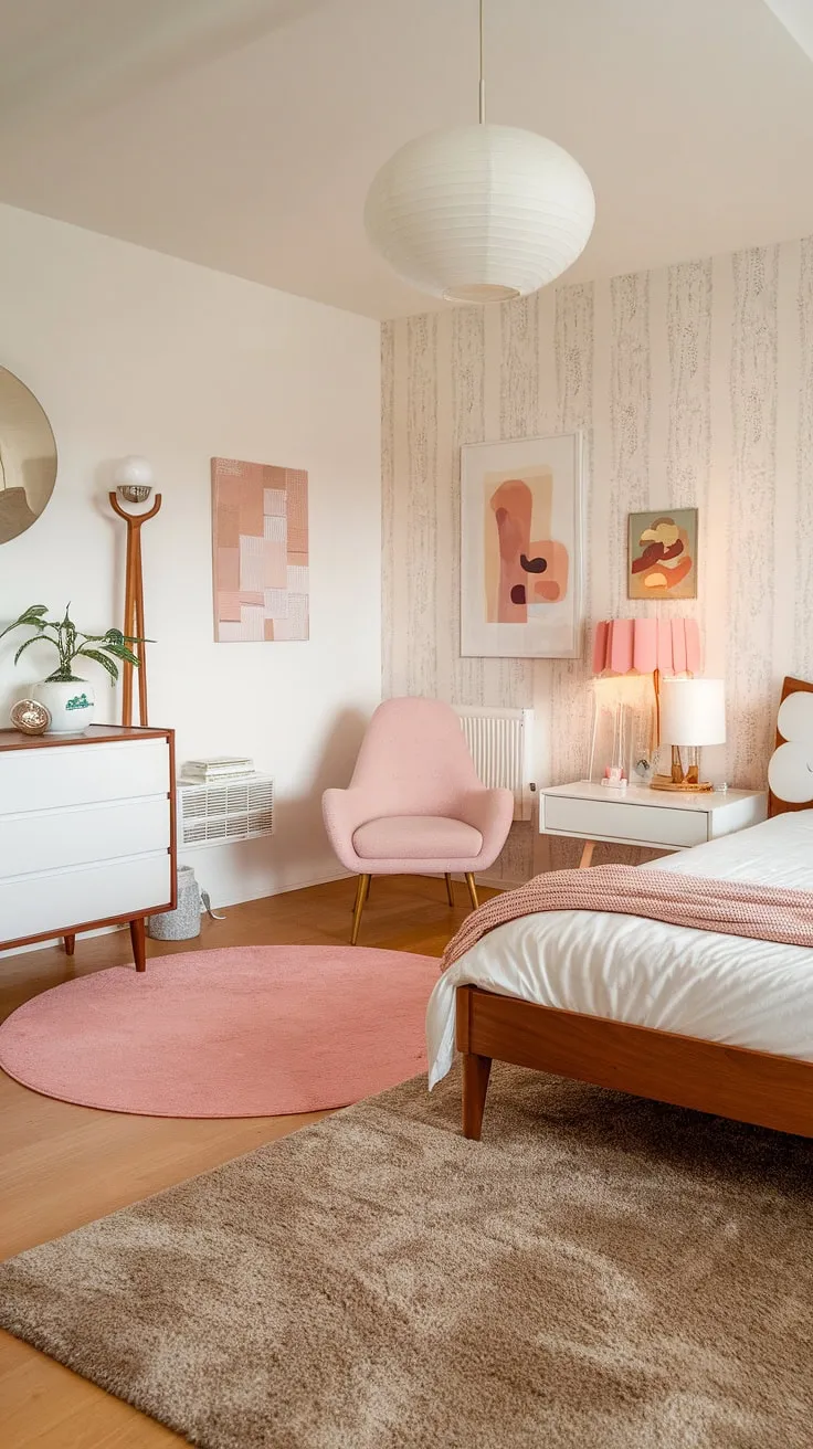 Bathed in soft light, this mid-century modern pink bedroom effortlessly blends cottagecore charm with Scandinavian simplicity.  Perfect as a main bedroom, guest room, or even a master suite, its design offers a tranquil retreat that embodies the best of mid-century modern style.