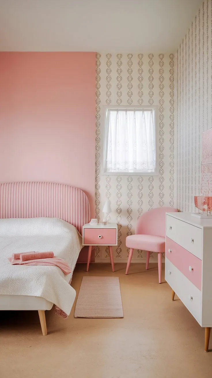 A dreamy mid-century modern main bedroom, this space seamlessly fuses the clean lines of Scandinavian design with the rosy hues of a mid-century modern cottagecore aesthetic.  Ideal as a guest room or a personal sanctuary, it's the epitome of mid-century modern style.