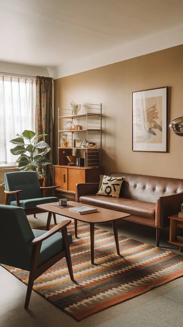 This vintage mid-century living room is a masterclass in mid-century modern living room design.  The eclectic mid-century living room aesthetic seamlessly blends mid-century modern living room decor and mid-century modern apartment decor for a truly captivating space.