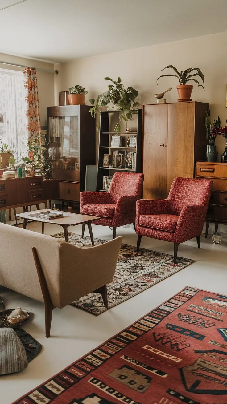 Step back in time and embrace the vibrant energy of this eclectic mid-century living room.  The vintage mid-century furniture and mid-century modern living room decor create a sophisticated midcentury apartment aesthetic, showcasing the best of mid-century modern living room design and mid-century modern apartment decor.