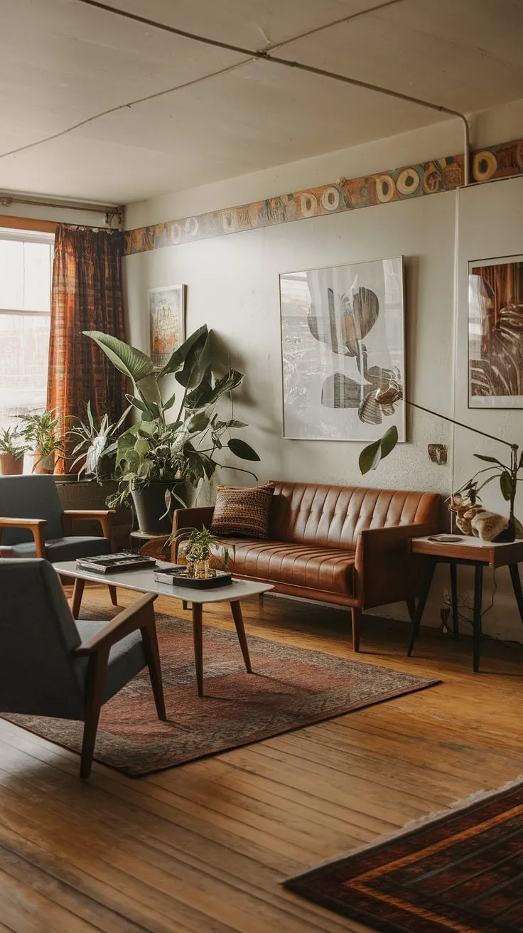 Step back in time with this eclectic mid-century living room, showcasing the best of vintage mid-century living room style and mid-century modern apartment decor.  The mid-century modern living room design is effortlessly chic, blending seamlessly with the midcentury apartment aesthetic.