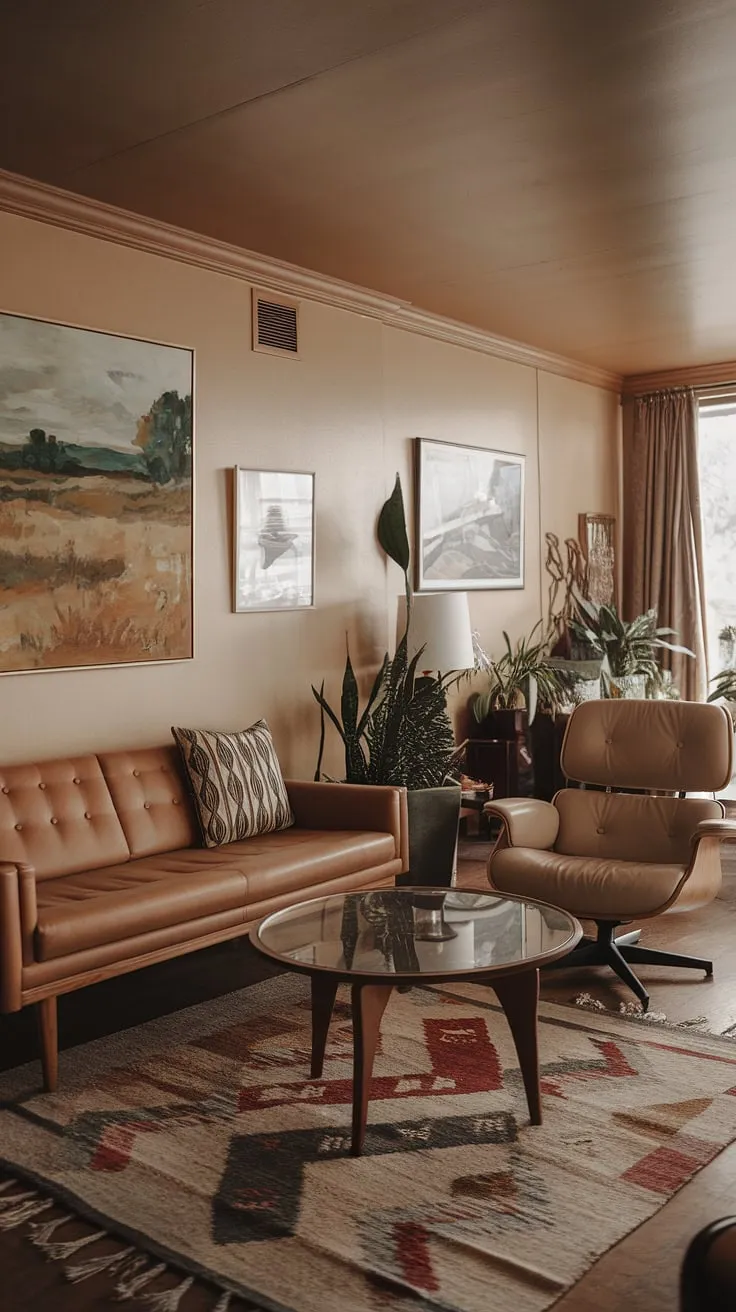 Step back in time and embrace the effortlessly cool vibe of this eclectic mid-century living room.  The vintage mid-century furniture and mid-century modern living room decor create a sophisticated midcentury apartment aesthetic, showcasing the best of mid-century modern living room design.