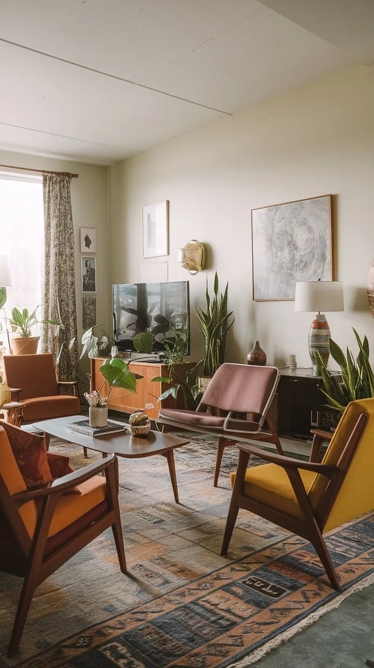 Step back in time and into this eclectic mid-century living room.  The vintage mid-century furniture and mid-century modern living room decor create a warm and inviting atmosphere, perfectly embodying the midcentury apartment aesthetic. This mid-century modern living room design showcases a thoughtful blend of style and comfort, a true testament to the enduring appeal of mid-century modern apartment decor.