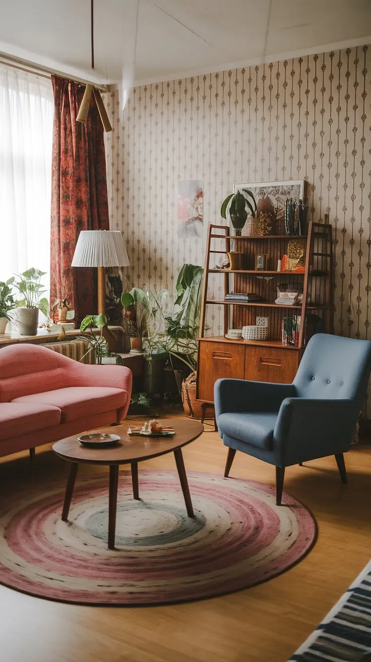 Step back in time with this eclectic mid-century living room, showcasing the best of mid-century modern living room decor.  The vintage mid-century vibe is perfectly captured in this midcentury apartment aesthetic, a testament to thoughtful mid-century modern apartment decor and mid-century modern living room design.