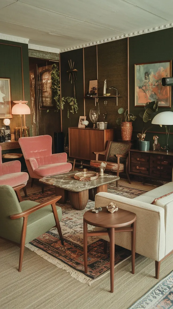Step back in time and into this eclectic mid-century living room.  The vintage mid-century furniture and mid-century modern living room decor create a sophisticated midcentury apartment aesthetic, showcasing the best of mid-century modern living room design and mid-century modern apartment decor.