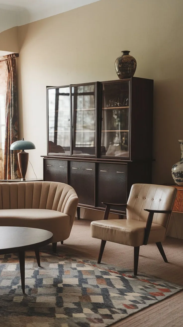 Step back in time and into this eclectic mid-century living room.  The vintage mid-century furniture and mid-century modern living room decor create a warm and inviting atmosphere, perfectly embodying the midcentury apartment aesthetic.  This mid-century modern living room design showcases a thoughtful blend of style and comfort, a true testament to the enduring appeal of mid-century modern apartment decor.
