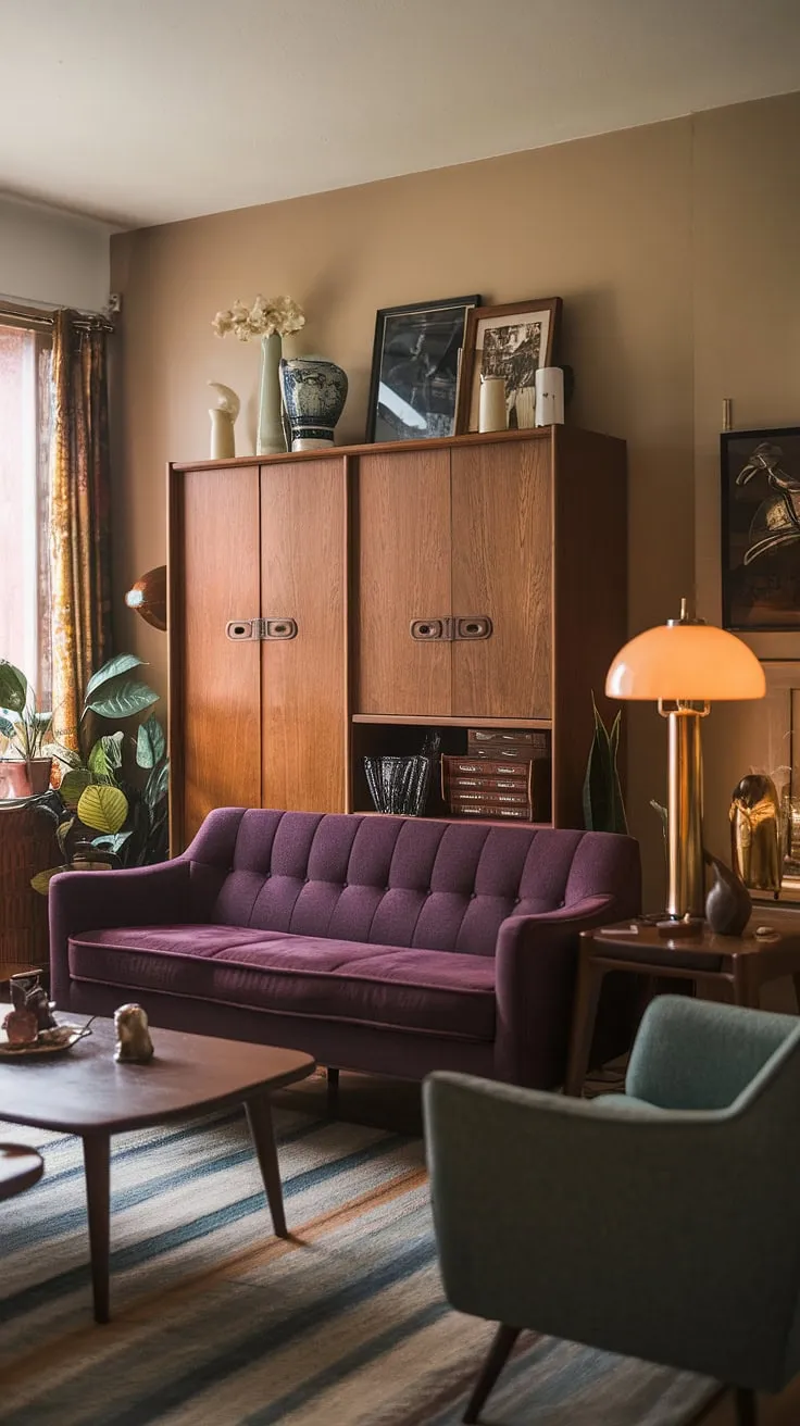 Step back in time and into this eclectic mid-century living room, where vintage mid-century furniture and mid-century modern living room decor create a captivating midcentury apartment aesthetic.  The mid-century modern living room design is a testament to timeless style.